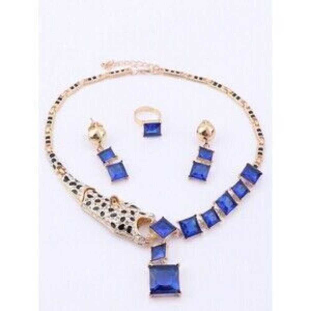 1set Blue Crystal Leopard Necklace Earrings And Ring S Gift Dainty - Picture 6 of 7